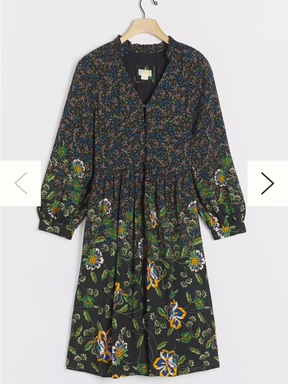 Maeve Black Floral Midi Dress with Green and Yellow Accents